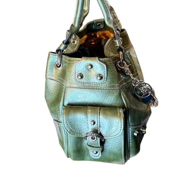 Kathy Van Zeeland Purse Metallic Green Silver Charm Satchel Bag - Picture 12 of 16